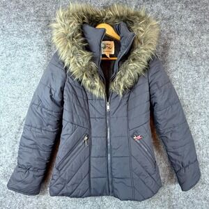 Maralyn & Me Puffer Jacket Womens Small Gray Faux Fur Trim Hooded Full Zip